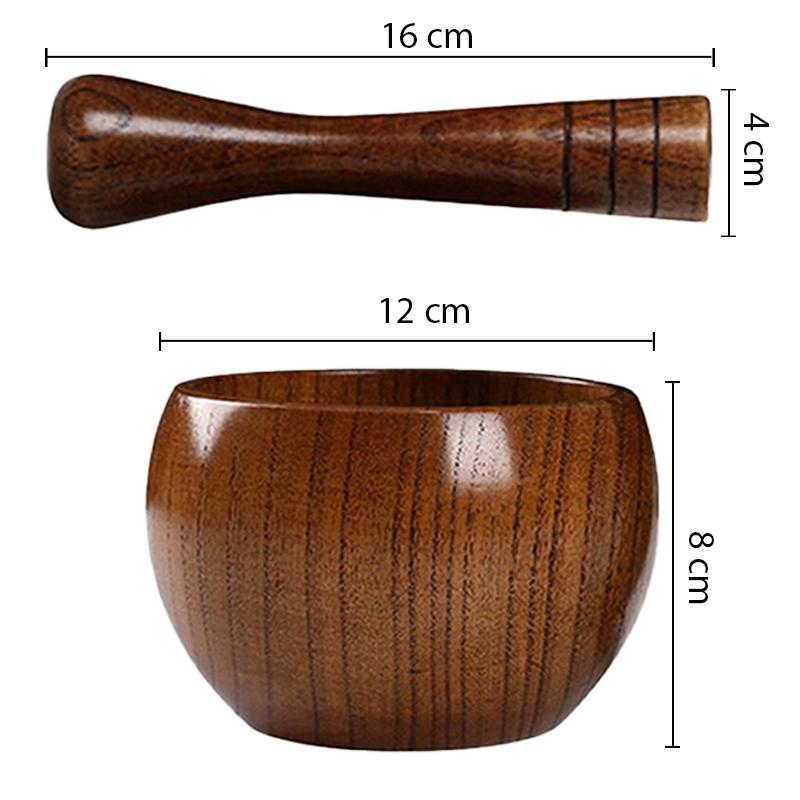 Taille et dimension du mortier et pilon en bois de Bambou de couleur bois foncé et patinée