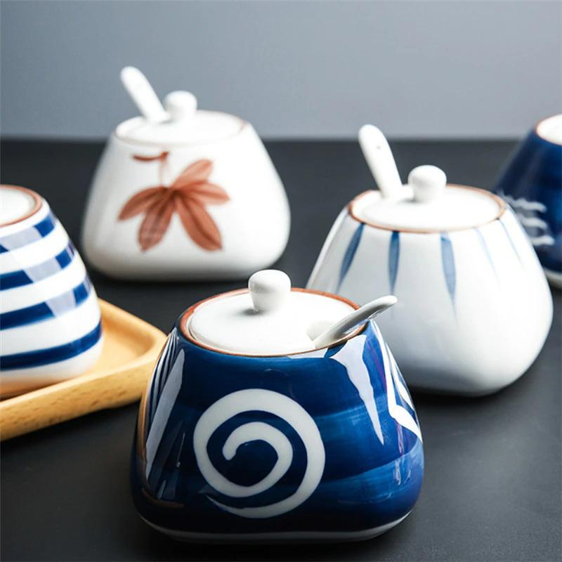 Oriental Riverkit Pots à Épices En Céramique Blanche Avec Cuillères - Set De 3 Avec Plateau Bambou